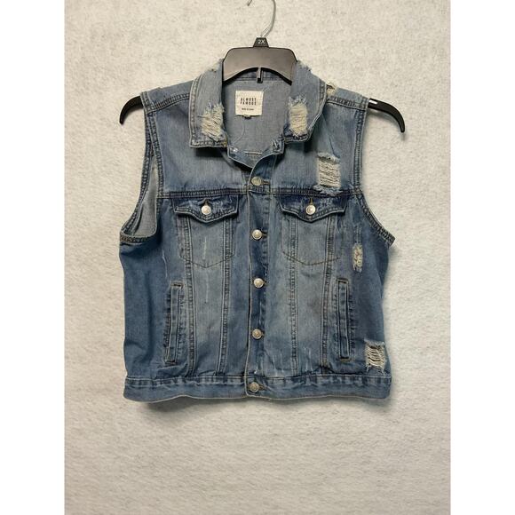 Almost Famous Vest Womens Large Blue Distressed Denim Button Front Sleeveless - Picture 1 of 9
